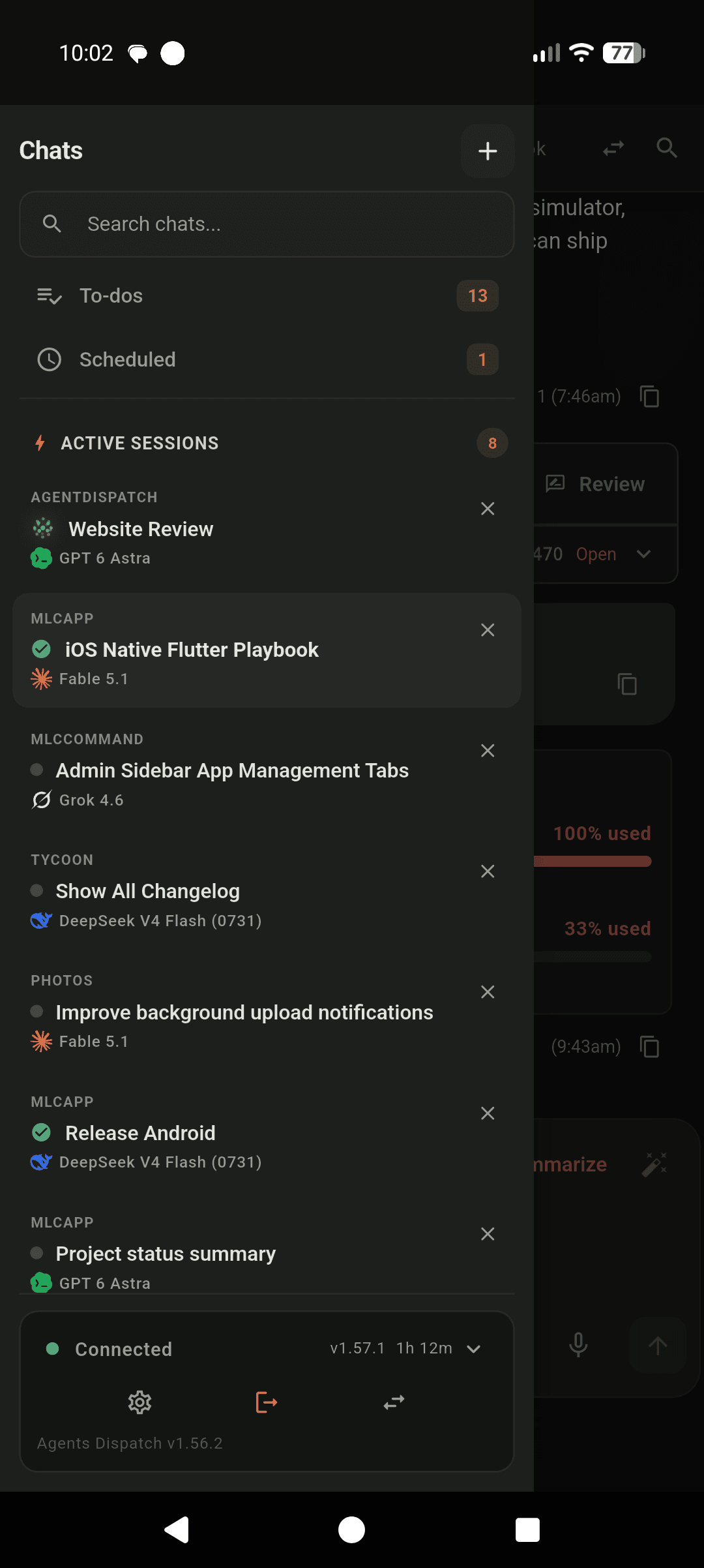 Current Android app showing active project chats across providers, to-dos, scheduled work, and host connection